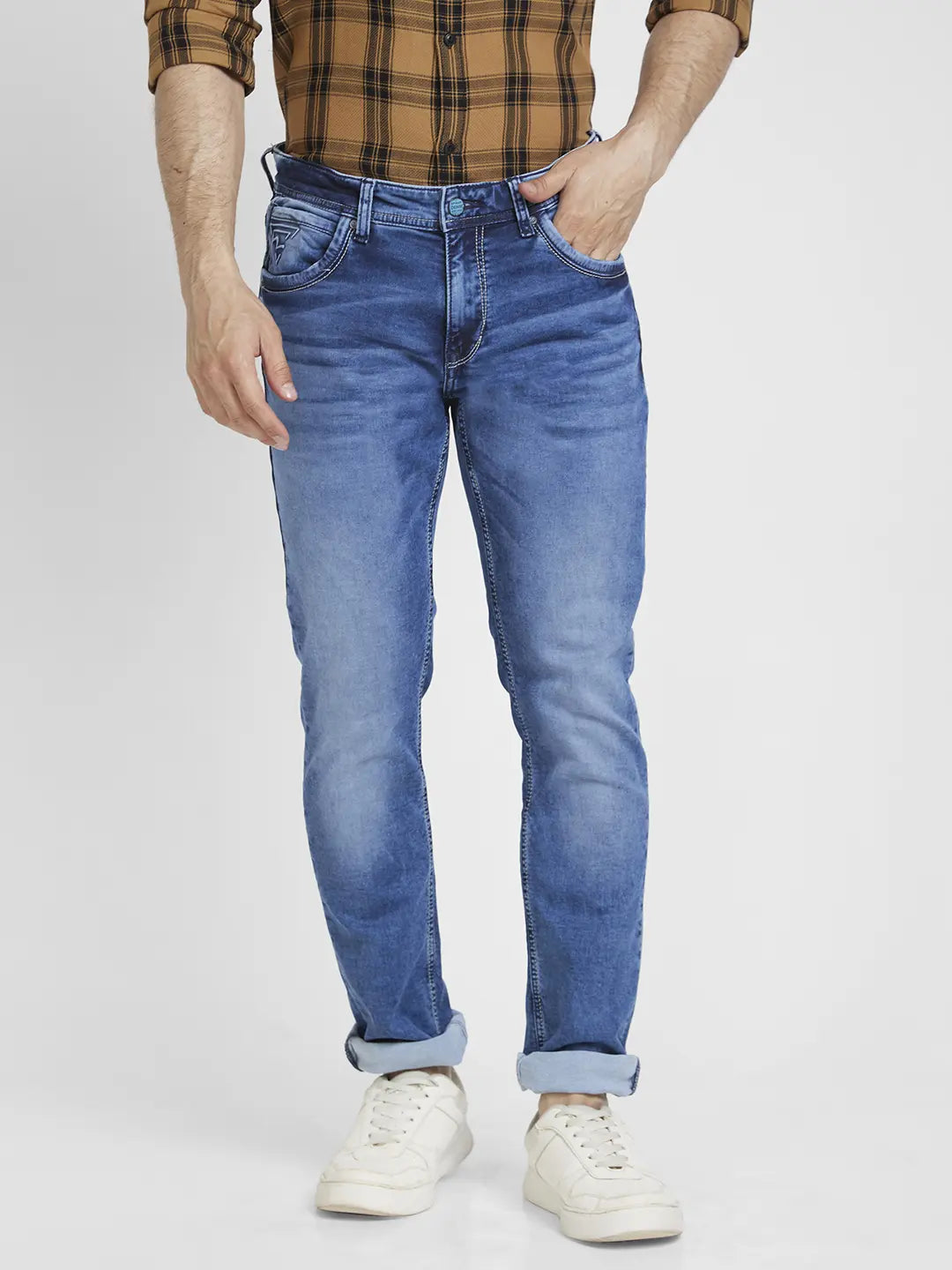 A-line Skirt Jeans for Grace -Spykar Men Mid Blue Cotton Regular Fit Narrow Length Clean Look Mid Rise Jeans - (Rover)