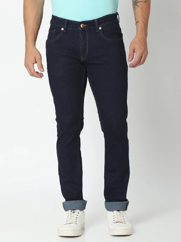 Dark Wash Jeans for Elegance -Spykar Raw Blue Cotton Regular Fit Narrow Length Jeans For Men (Rover)