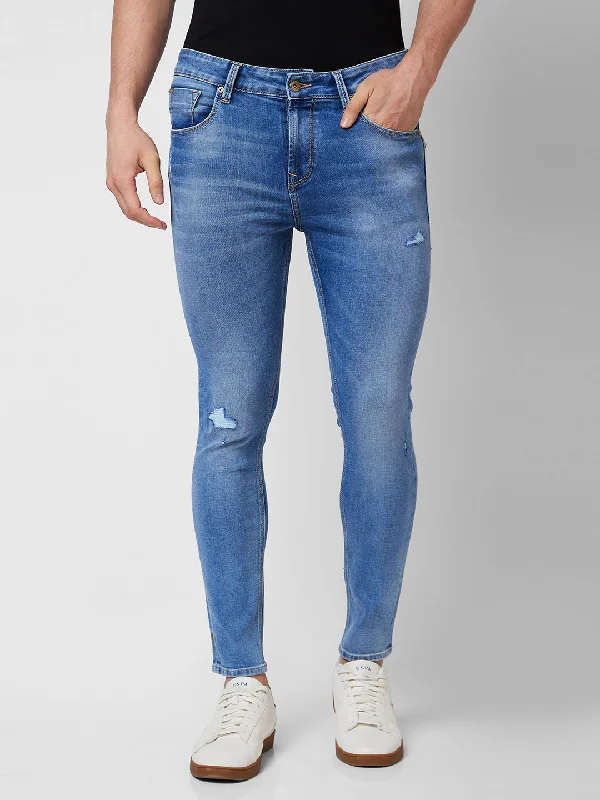 Button Fly Jeans for Traditional -Spykar Mid Rise Tapered Fit Blue Jeans For Men