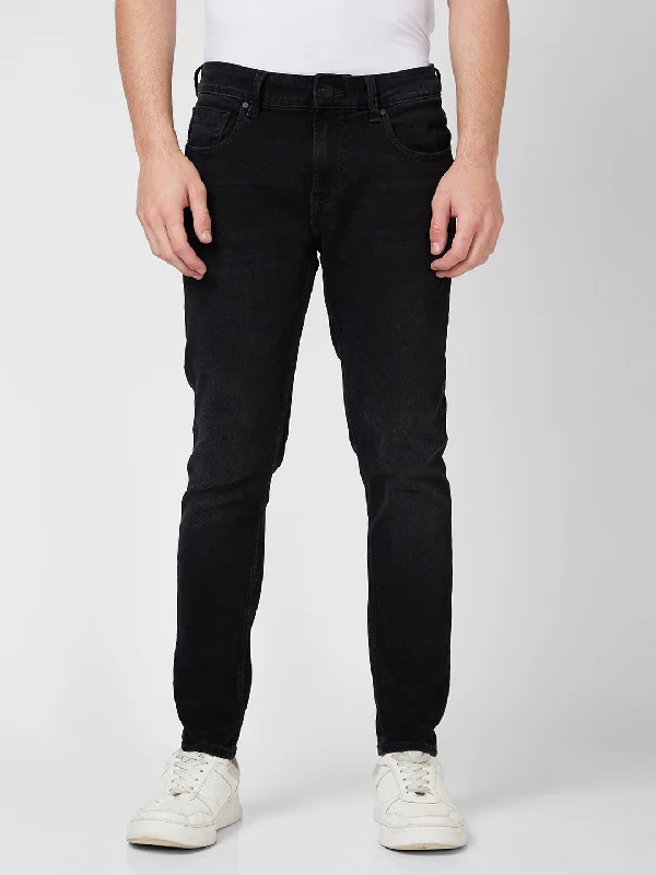 High-end Jeans for Exclusivity -Spykar Mid Rise Slim Fit Tapered Length Black Jeans For Men