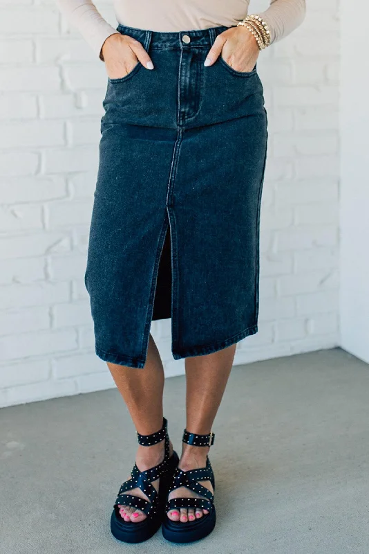 Wrap skirts for easy adjustable fit -Ember Front Slit Denim Skirt