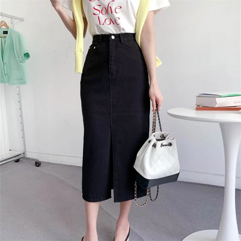 High-waisted skirts with button front detail -KittenAlarm - Split Jeans Skirt for Women 2024 New High Waisted Slim Korean Fashion Chic Pencil Skirt Vintage Casual Prink Midi Skirt