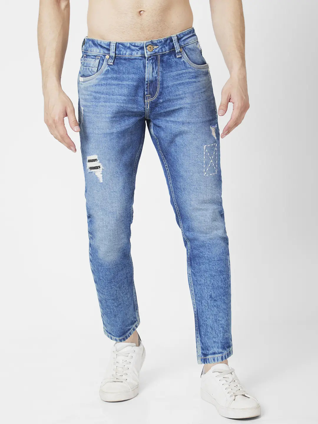 Hunting Jeans for Woods -Spykar Men Mid Blue Cotton Slim Fit Tapered Length Light Distressed Mid Rise Jeans (Kano)