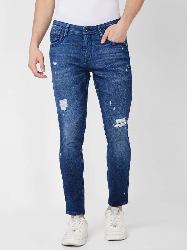 Cargo Jeans for Utility -Spykar Mid Rise Tapered Fit Blue Jeans For Men