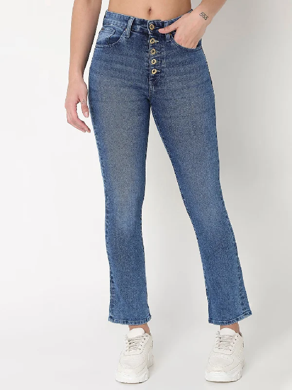 Cuffed Jeans for Stylish Touch -Spykar Women Mid Blue Faded Look Mid Rise Jeans