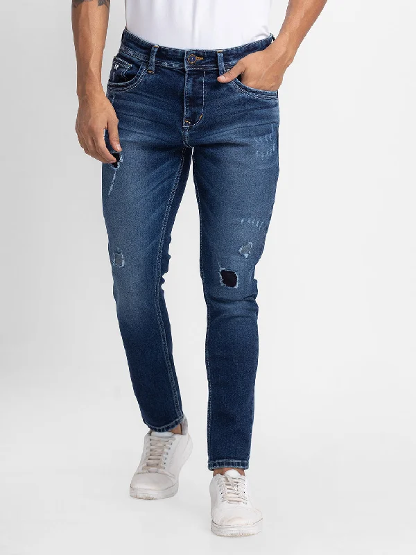 Overalls Jeans for Workwear -Spykar Dark Blue Cotton Slim Fit Tapered Length Jeans For Men (Kano)