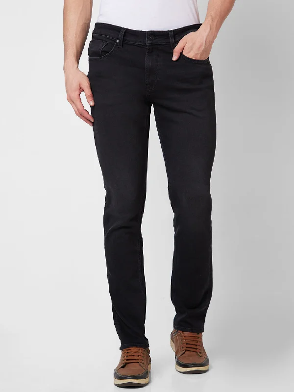 Leather Trim Jeans for Luxury -Spykar Mid Rise Regular Fit Black Jeans For Men