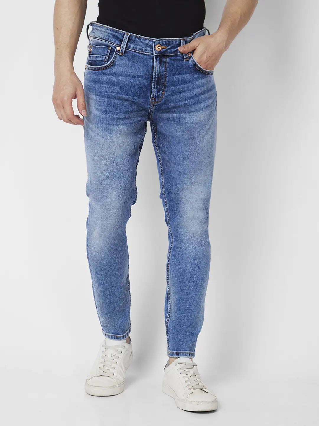 Stretch Jeans for Flexibility -Spykar Men Mid Blue Cotton Slim Fit Tapered Length Clean Look Mid Rise Jeans (Kano)