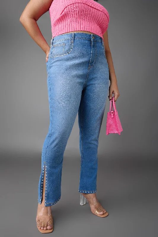 Affordable Jeans for Budget -Curve Blue Rhinestone Bootcut Jeans