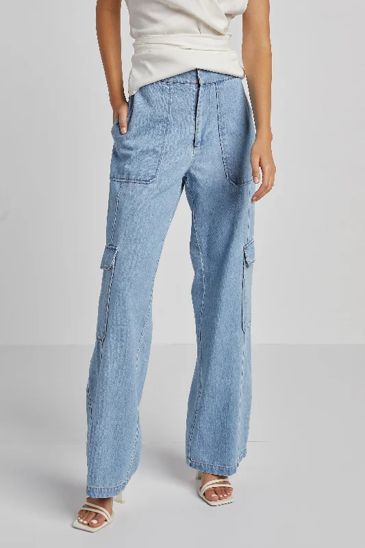 Elegant wide-leg pants for upscale dinner dates -Nolan High Waisted Slightly Wide Leg Denim Cargo Pant