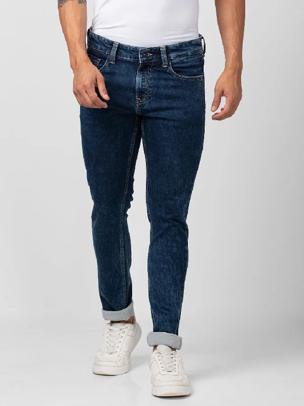 Cropped Jeans for Summer Look -Spykar Men Dark Blue Cotton Stretch Slim Fit Narrow Length Jeans (Skinny)