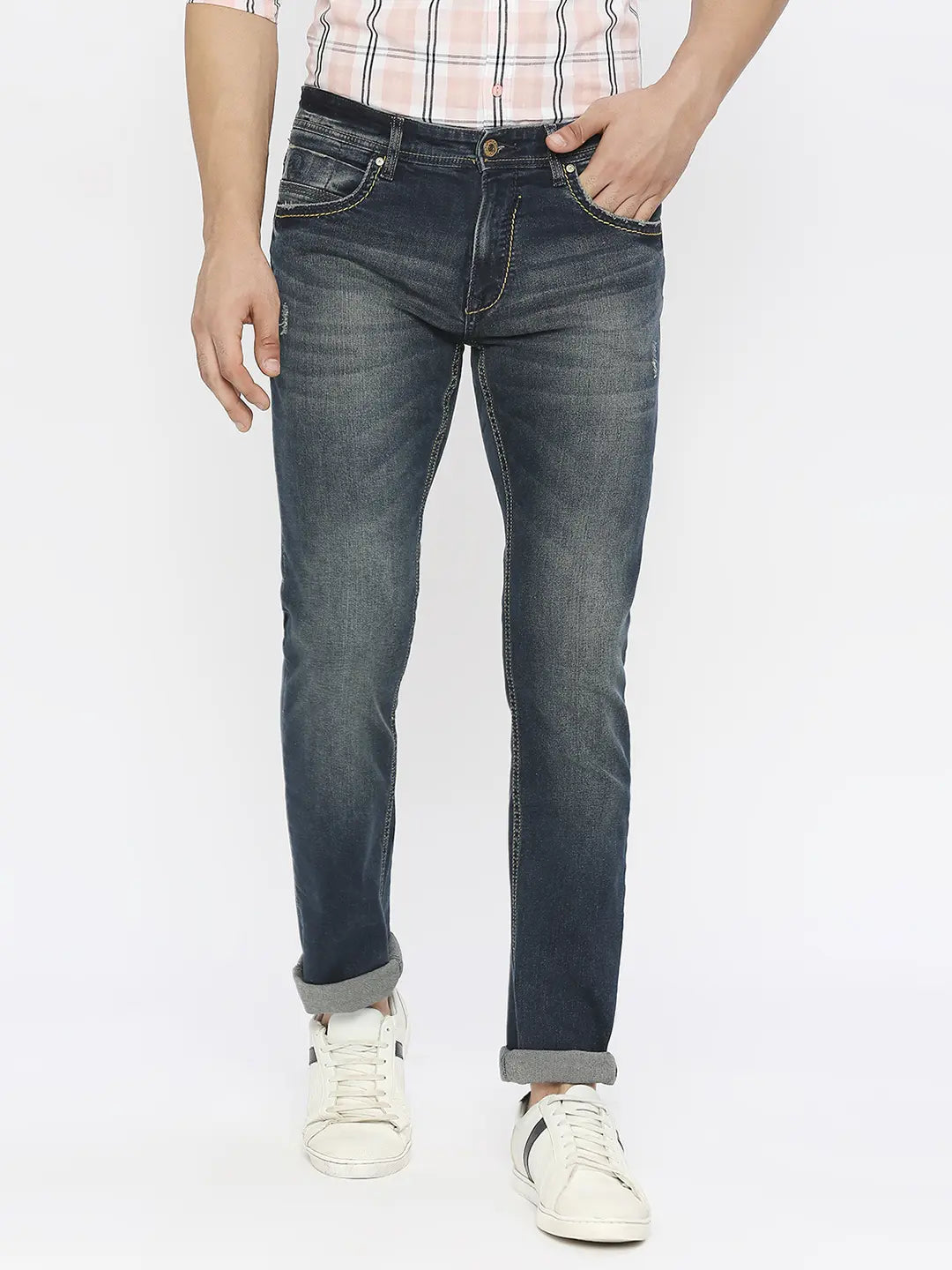 Five Pocket Jeans for Storage -Spykar Men Dark Blue Cotton Regular Fit Narrow Length Clean Look Mid Rise Jeans-(Rover)