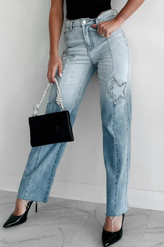 Cropped Jeans for Summer Look -DOORBUSTER Evianna Mid-Rise Rhinestone Star Straight Leg Jeans (Light Wash)