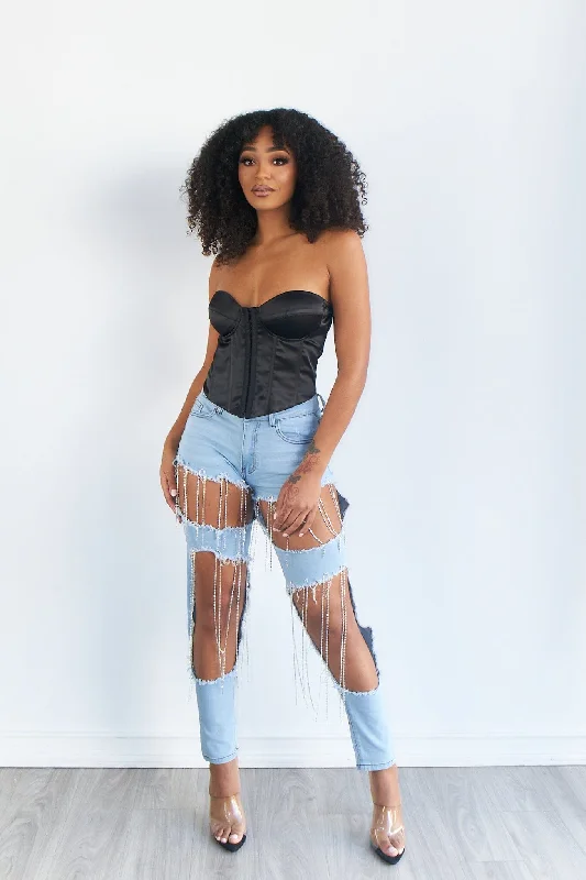 Ripped Jeans for Trendy Look -Jules Rhinestone Denim Jeans