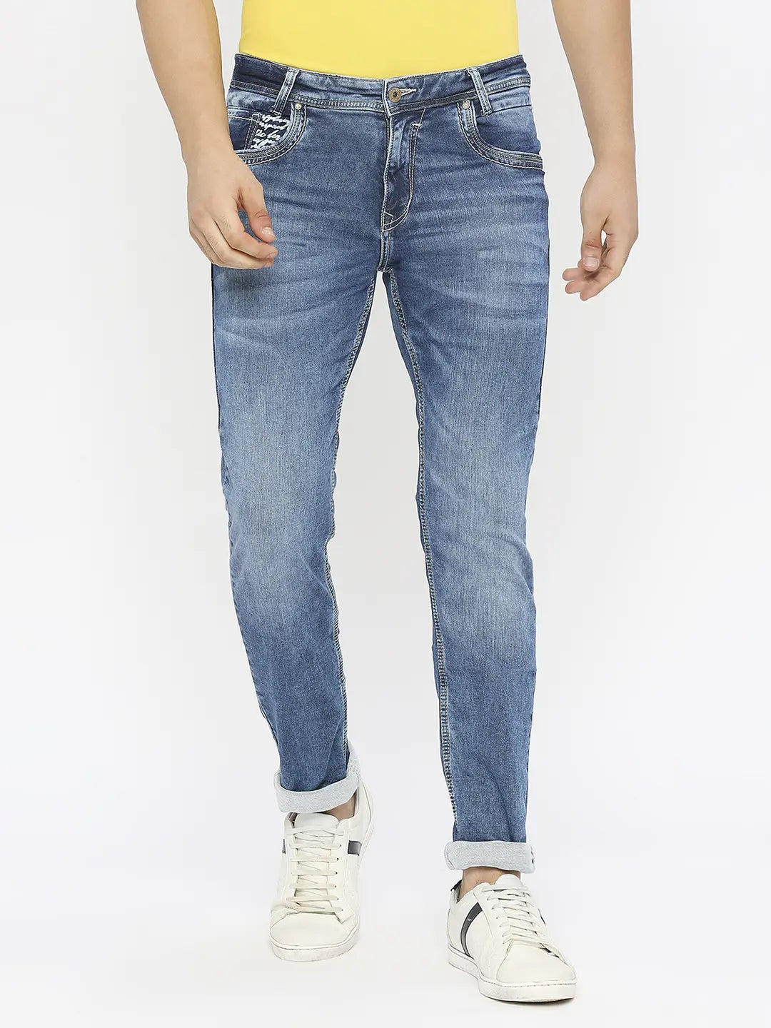 Relaxed Jeans for Comfortable -Spykar Men Mid Blue Cotton Slim Fit Narrow Length Clean Look Low Rise Jeans-(Skinny)