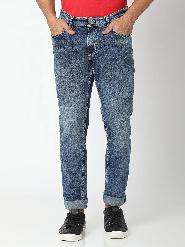 Blue Jeans for Everyday Wear -Spykar Mid Blue Cotton Comfort Fit Straight Length Jeans For Men (Ricardo)