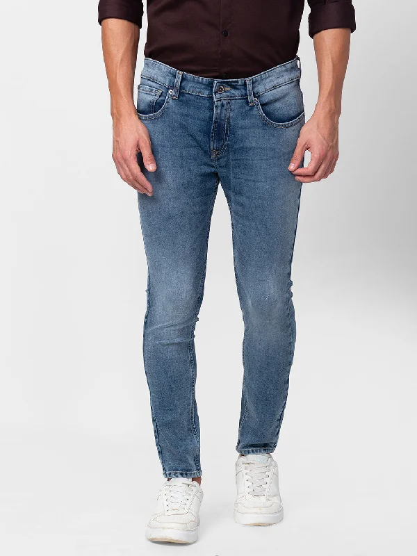 Cropped Jeans for Summer Look -Spykar Men Mid Blue Cotton Slim Fit Tapered Length Jeans (Kano)