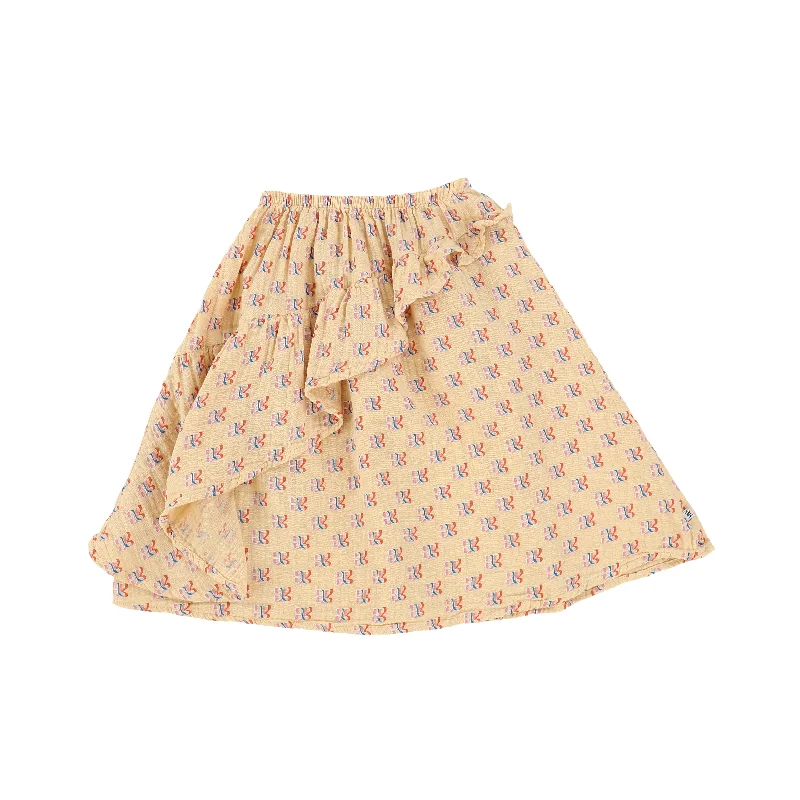 Cotton Short Skirts for Comfort -REPOSE BEIGE BUTTERFLY ALL OVER PRINT RUFFLE SKIRT [Final Sale]