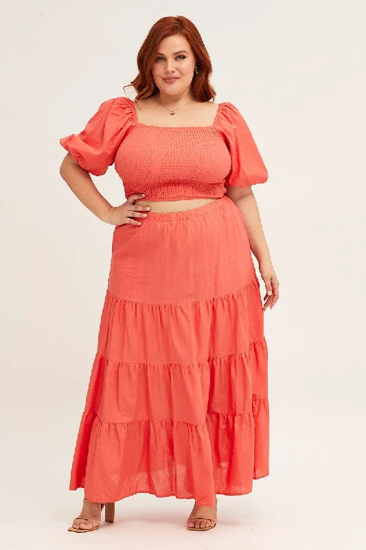 Long Skirts for Garden Parties -Orange Maxi Skirt High Waist Tiered