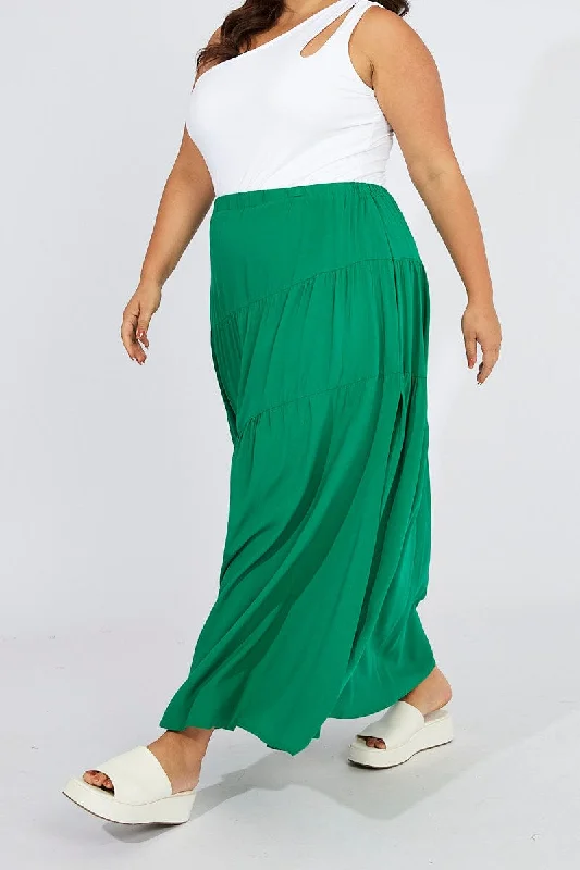 Bermuda Short Skirts for Casual -Green Elastic Waist Maxi Skirt Front Split