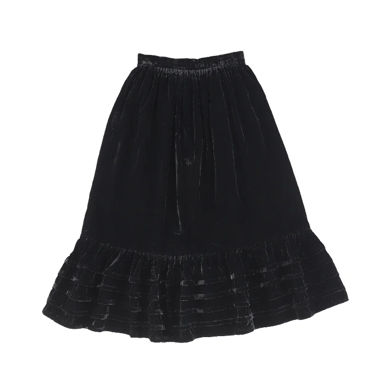 A-line Short Skirts for Flattering -PETITE AMALIE BLACK VELVET RUFFLE TRIM MIDI SKIRT [FINAL SALE]