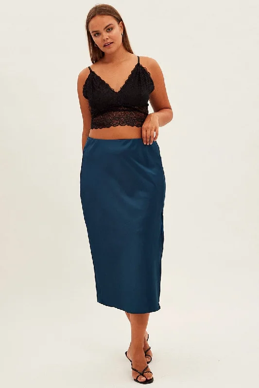 Long Skirts for Prom Night -Blue Midi Skirt Bias Satin Split Side