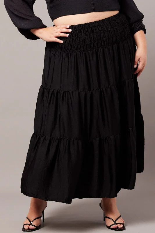 Leather Short Skirts for Edgy -Black Shirred Waist Maxi Skirt