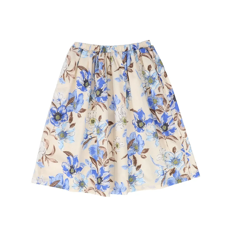 Wool Long Skirts for Warmth -PICCOLA LUDO BIEGE/BLUE FLOWER PRINT SKIRT [FINAL SALE]