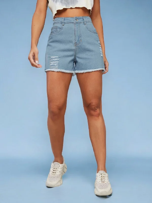 Geometric Shorts for Modern -Women's Blue Relaxed Mid Rise High Distress Regular Non Stretchable Denim Shorts