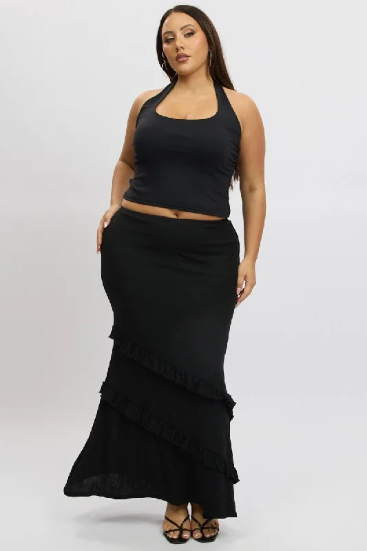 Minimalist Long Skirts for Simplicity -Black Frill Maxi Skirt