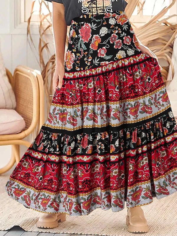 Linen Short Skirts for Breathable -JuliaFashion - 2024 Women Stithing Pleats Long Skirt Bohemian Maxi Skirts