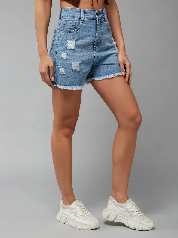 Wool Shorts for Warmth Needed -Women's Light Blue Relaxed Fit Light Weight Mid Rise Highly Distressed Regular Denim Shorts