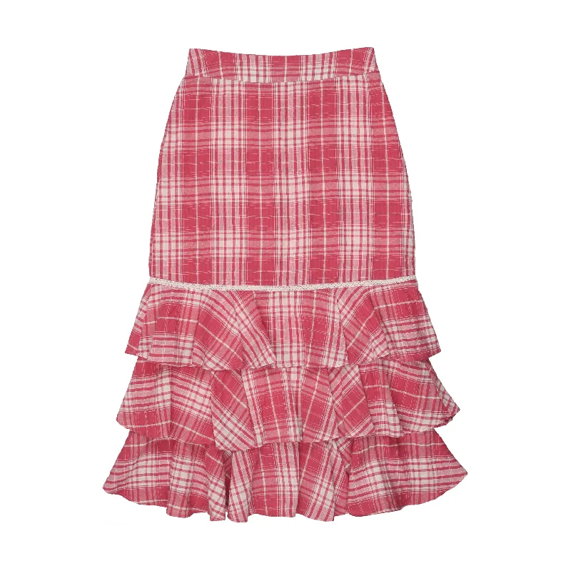 Silk Short Skirts for Luxurious -MAISONITA RED PLAID LAYERED MAXI SKIRT [FINAL SALE]