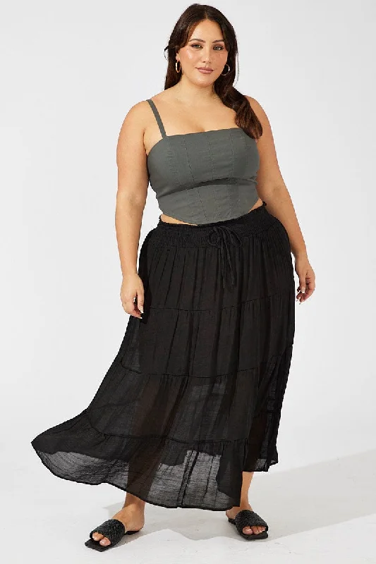 Long Skirts for Resort Wear -Black Shirred Waist Tie Maxi Skirt