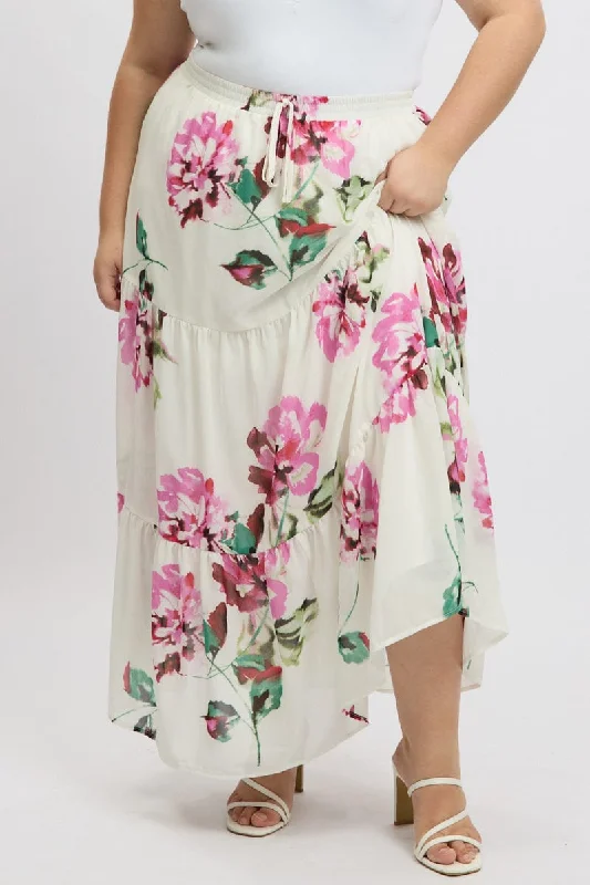 Wrap Short Skirts for Adjustable -White Floral Elastic Waist Tiered Chiffon Maxiskirt