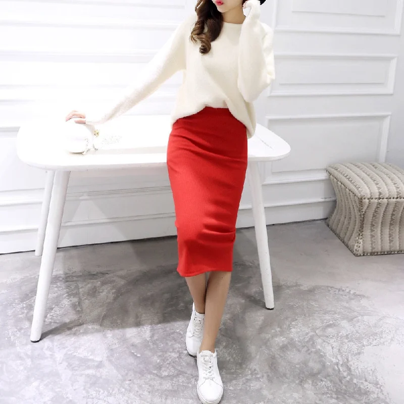 Mini Short Skirts for Youthful -Women Solid Elegant Sexy Split Slim Skirts Hight Waist Kintting Cotton Ladies Summer Skirts Mid-Calf Bodycon Pencil Skirt Saia