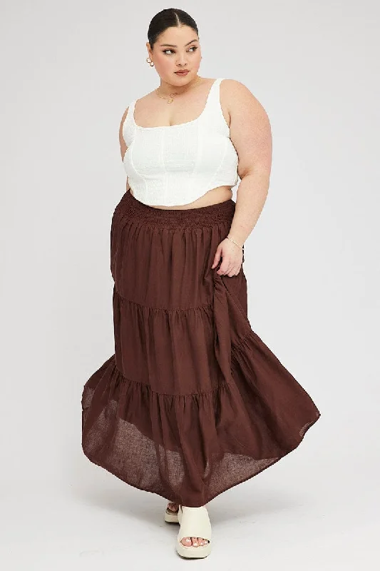 Long Skirts for Cultural Events -Brown Maxi Skirt Shirred Waist Tiered