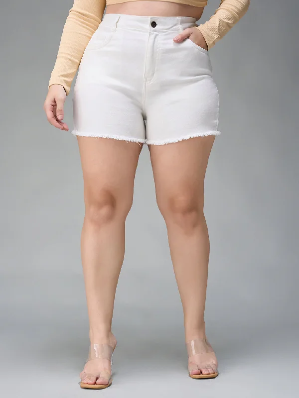 Pink Skirts for Feminine -Women's White Regular High Rise Stretchable Denim Shorts