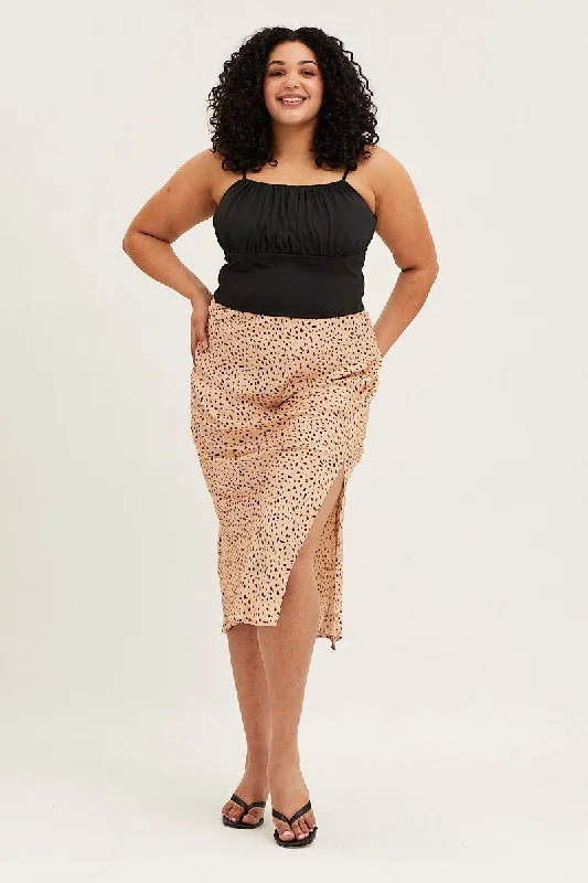 Long Skirts for Art Exhibitions -Animal Print Satin Slit Midi Skirt