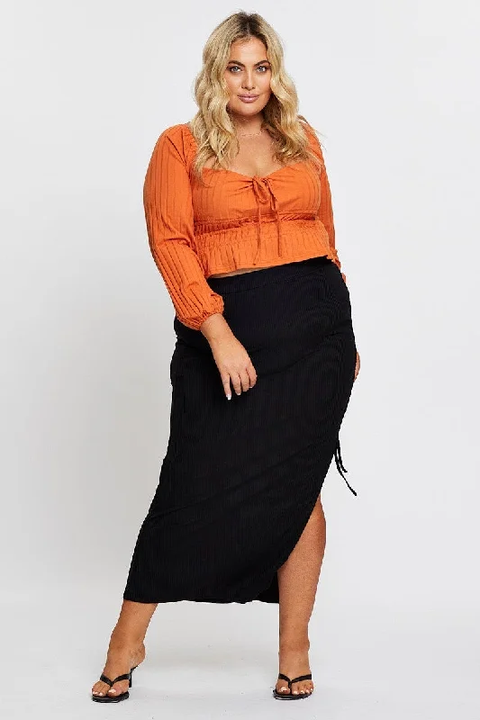 Long Skirts for Graduation -Black Rib Ruched Midi Skirt