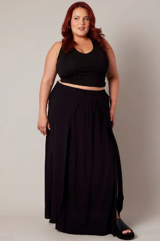 White Long Skirts for Pure -Black Split Front Rayon Maxiskirt