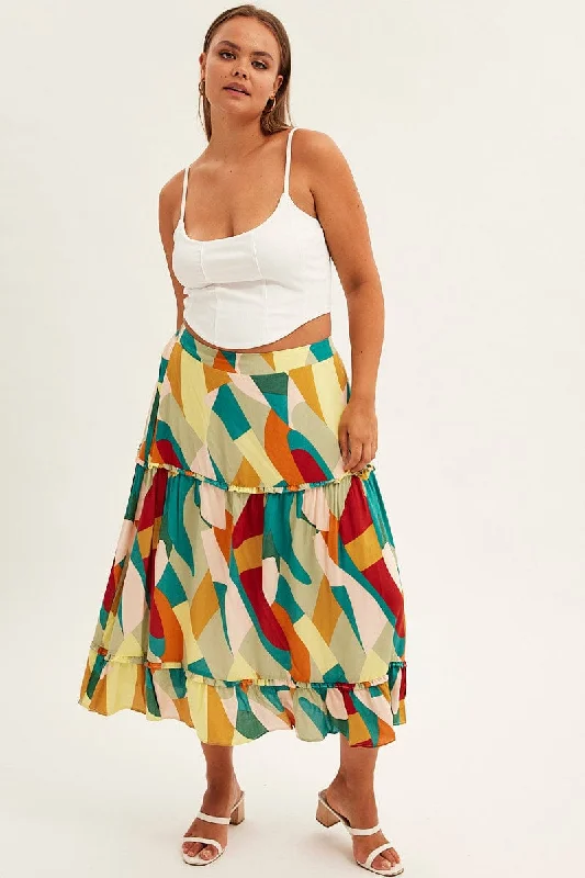 Hippie Long Skirts with Beads -Print Midi Skirt Frill Detail Rayon