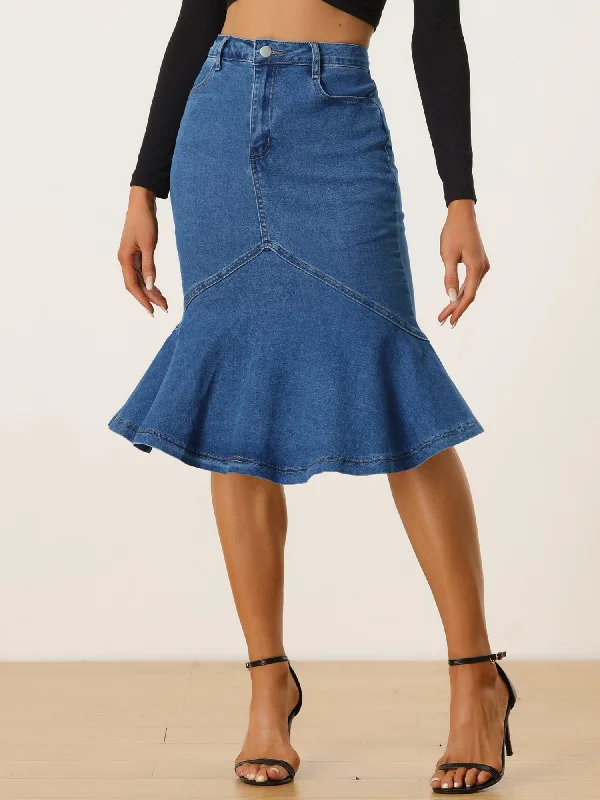 Flared Short Skirts for Flirty -Fishtail Denim High Waist Bodycon Jean Ruffles Skirts