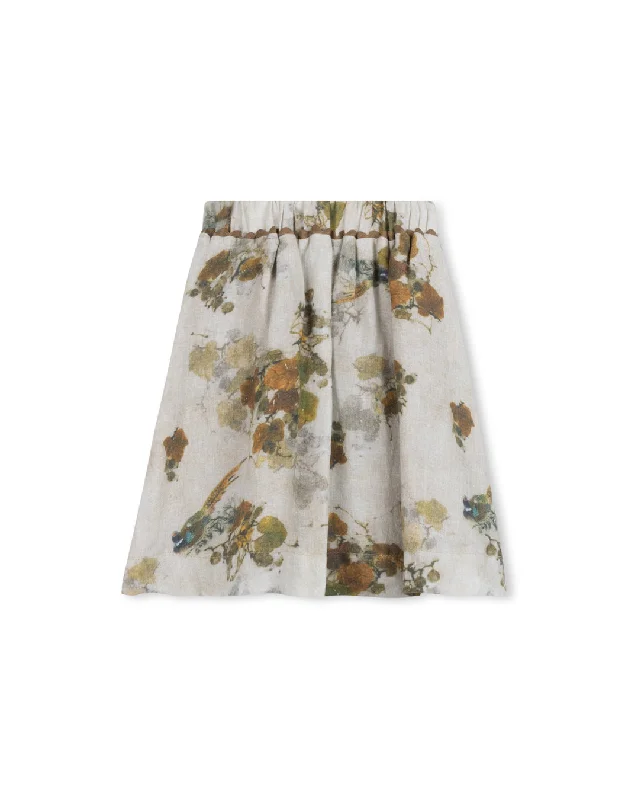 Black Short Skirts for Versatile -ONE CHILD BROWN/GREEN  FLORAL LINEN SCALLOP TRIM SKIRT [FINAL SALE]