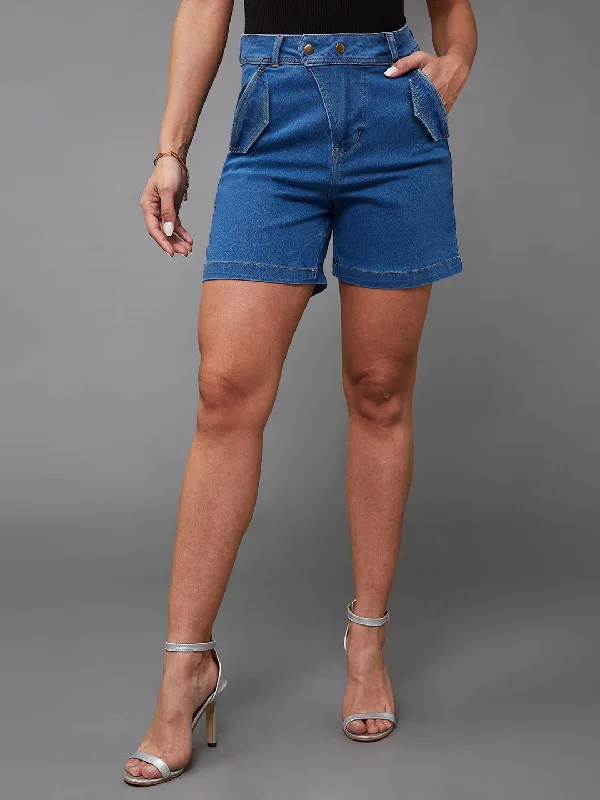 Solid Color Skirts for Simple -Women's Relaxed-Fit Mid-Rise Clean-Look Stretchable Blue Denim Bermuda Shorts