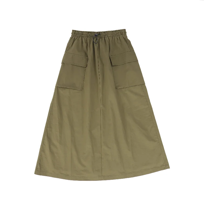 Maxi Long Skirts for Elegance -VIBE OLIVE GREEN POPLIN POCKET SKIRT [FINAL SALE]