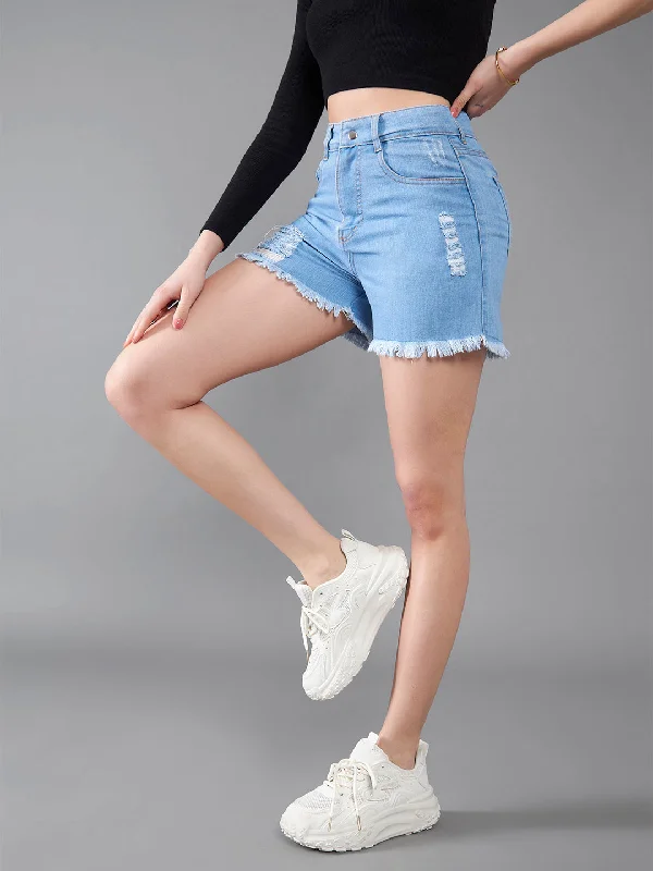 Embroidered Skirts for Detail -Women's Blue Relaxed Fit Mid Rise Highly Distressed Denim Shorts