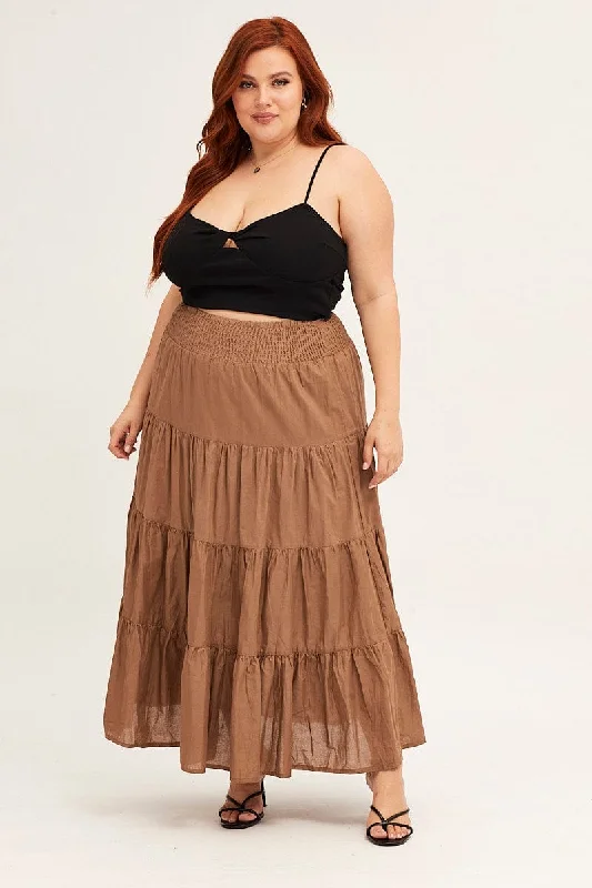 Long Skirts for Formal Occasions -Brown Maxi Skirt Cotton Blend Tie