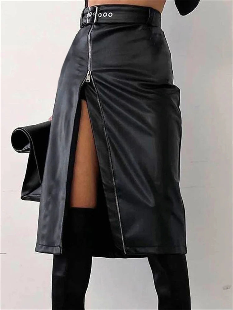 Long Skirts for Wedding Ceremony -JuliaFashion - Black PU Leather High Waist Vintage Grunge Streetwear Zip Up High Split Bodycon Midi Belt Skirts