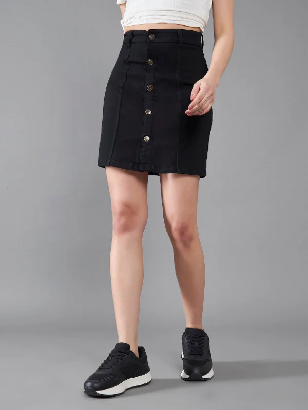 Satin Skirts for Shiny -Women's Black Stretchable Solid Bodycon Mini Denim Skirt